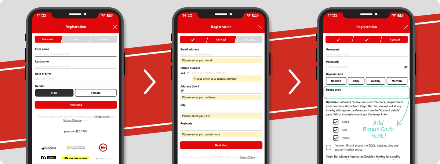 An image of the Virgin Bet horse racing app registration process.
