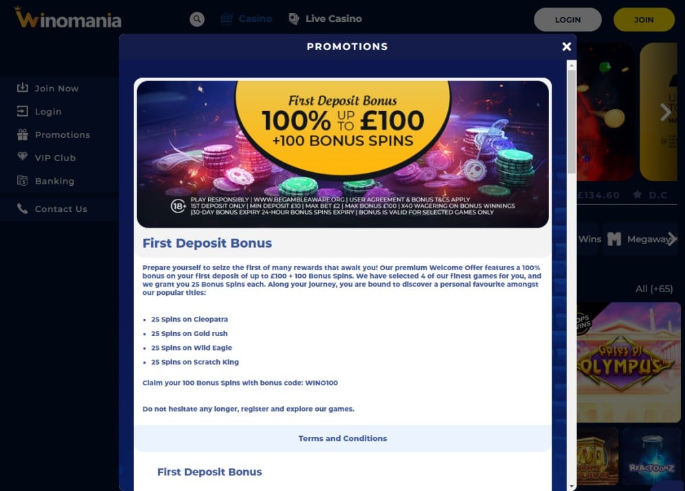 Winomania Casino Welcome Bonus