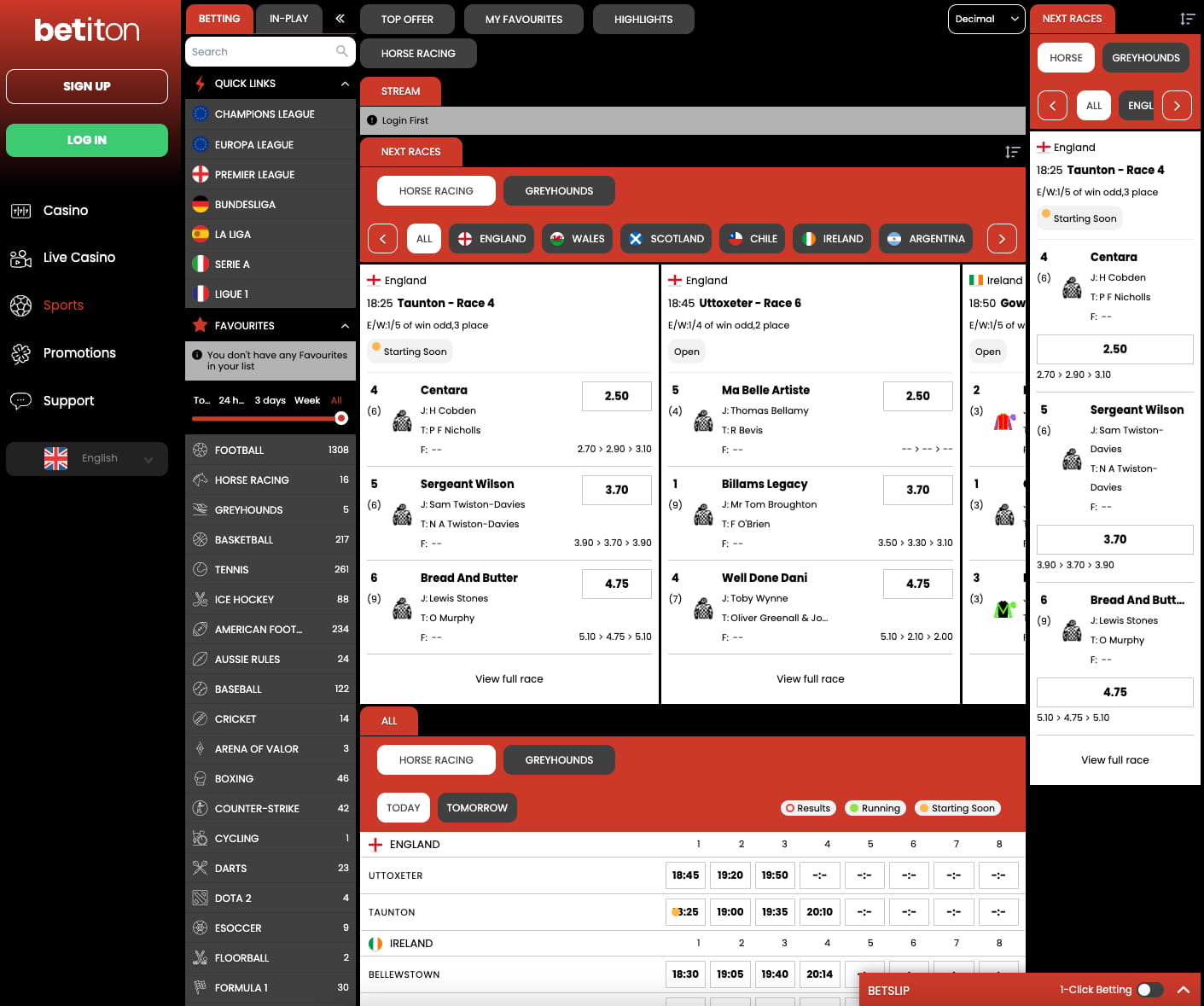 A screenshot of BetItOn Horse Racing Site