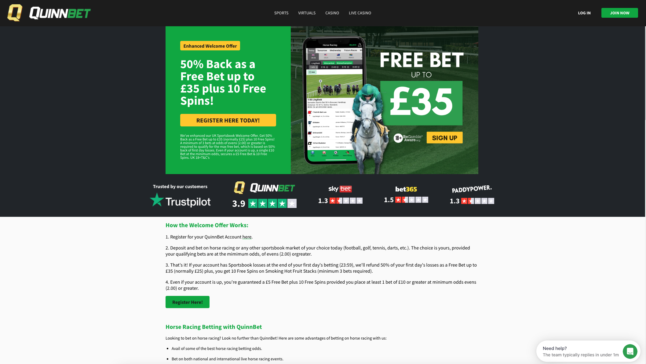 An image of the Quinnbet Horse Racing Free Bet Offer.