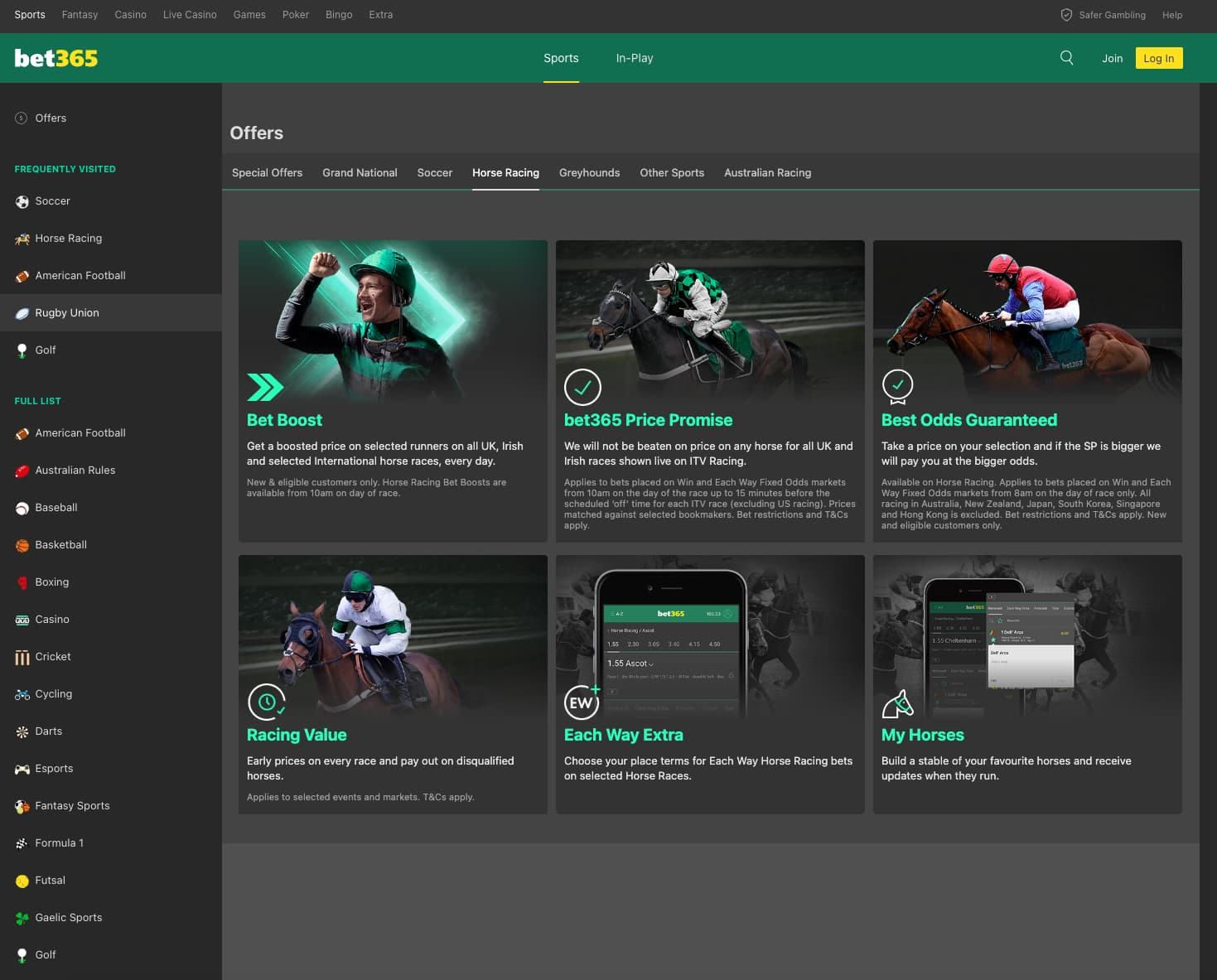 A screenshot of the Bet365 Horse Racing Betting Site