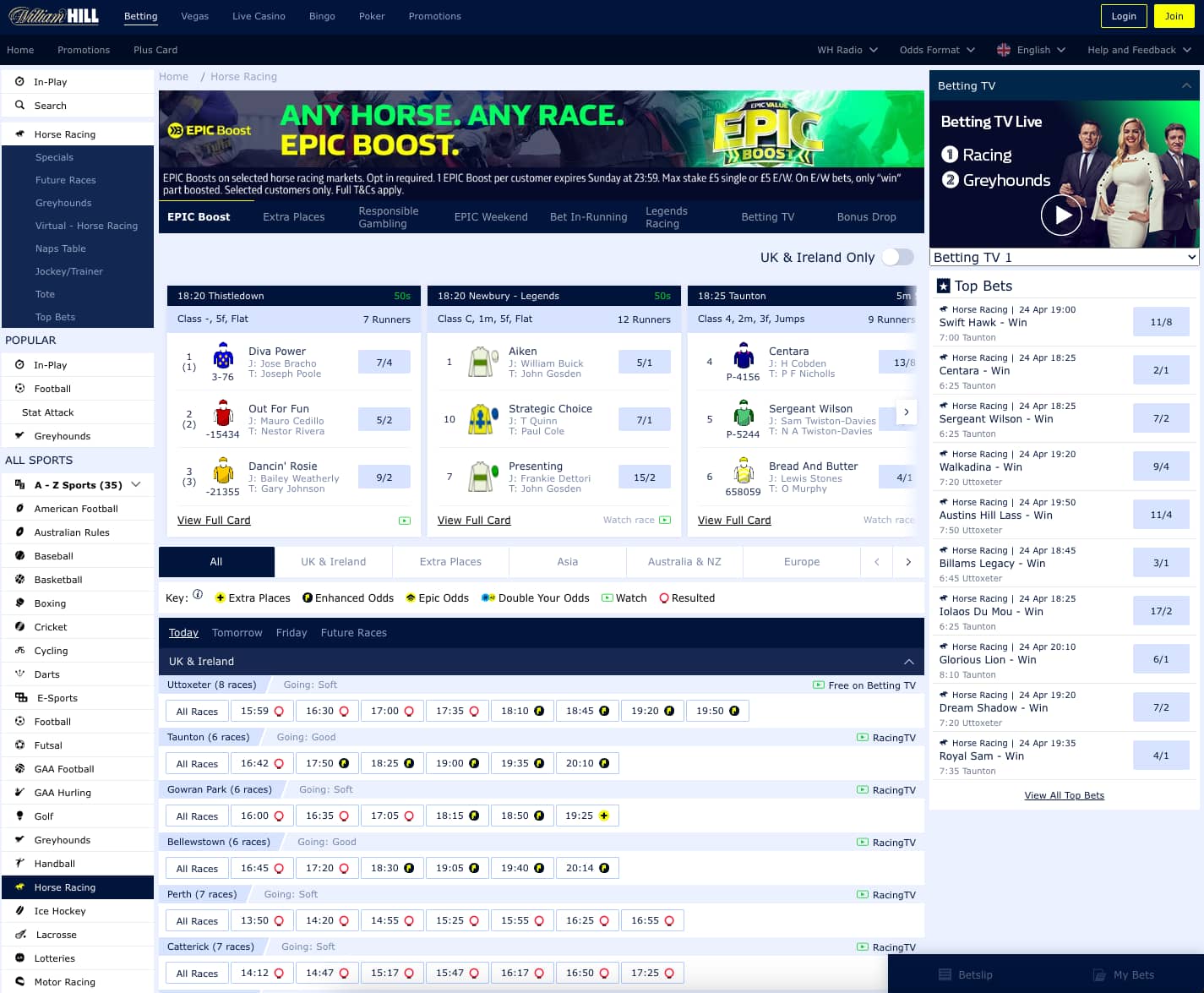 A screenshot of William Hill Horse Racing Betting Site