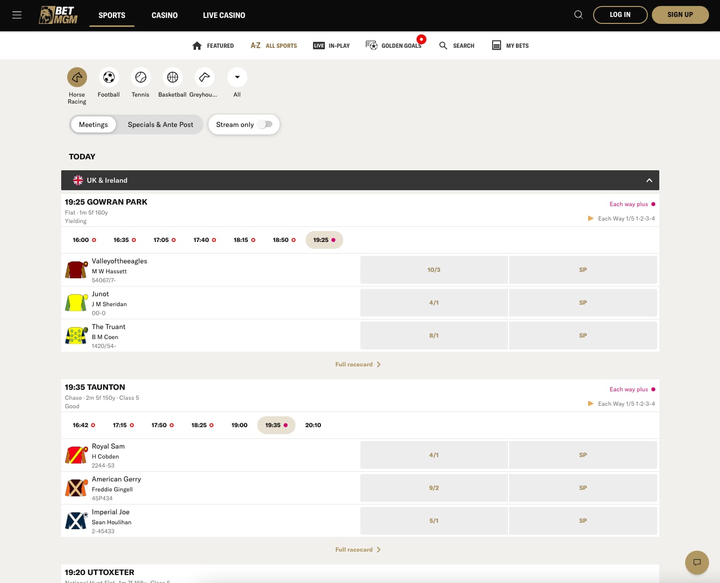 A screenshot of BetMGM horse racing betting site