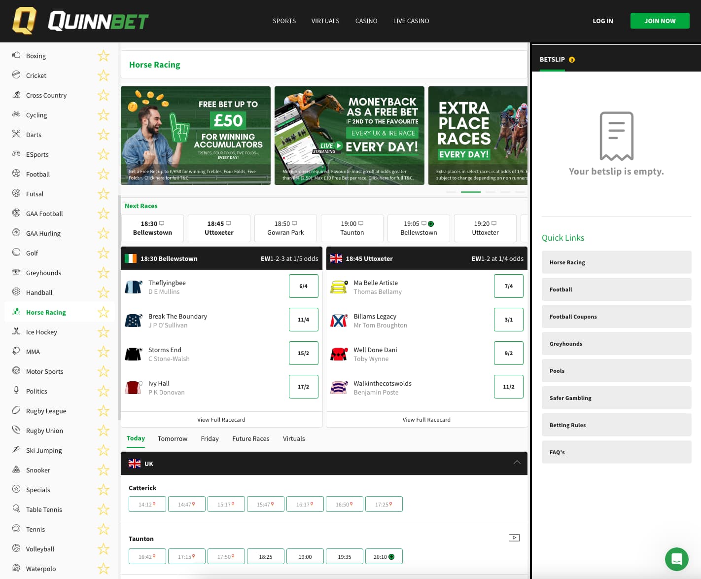 A screenshot of QuinnBet Horse Betting Sites
