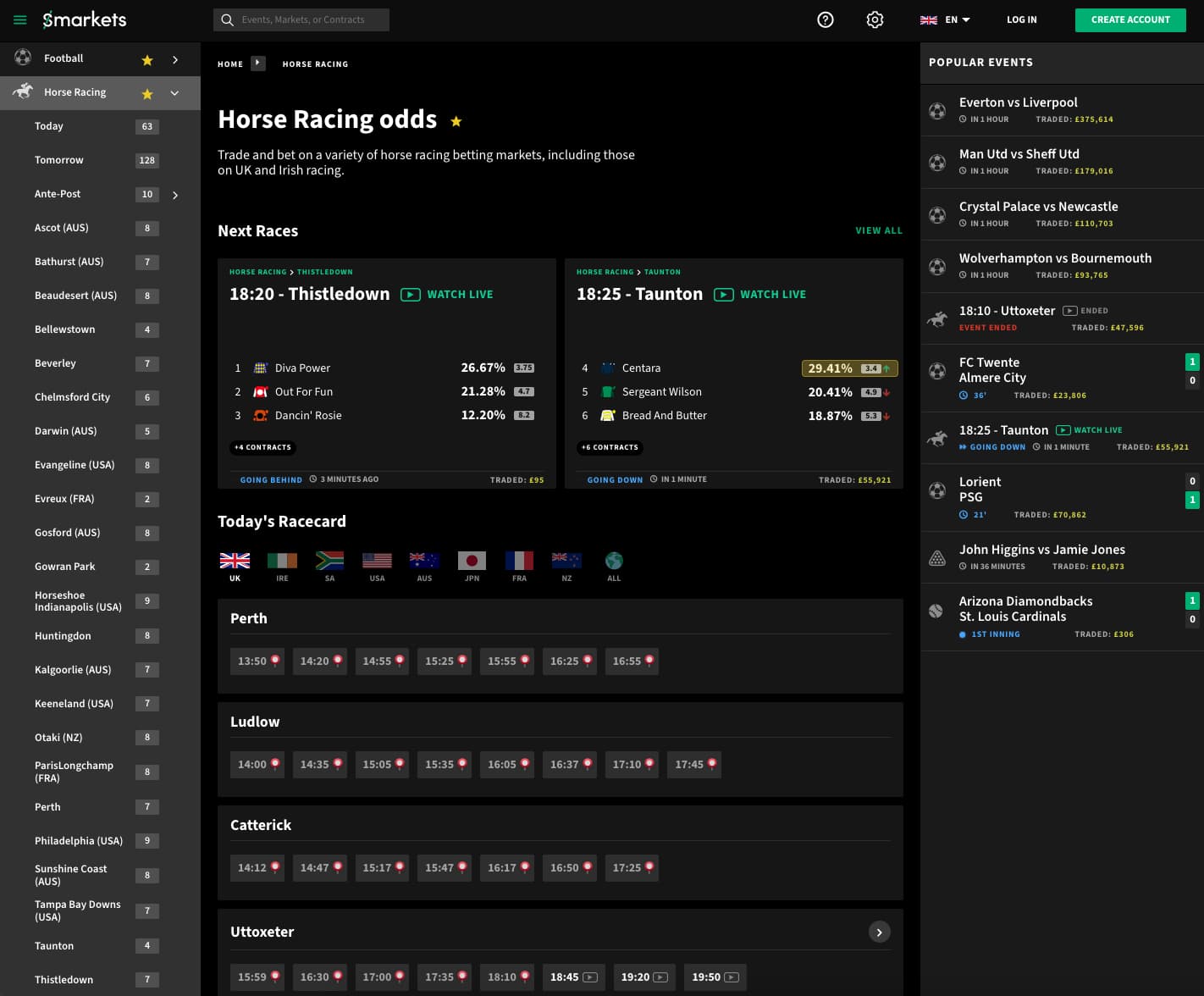 A screenshot Smarkets Horse Racing Site