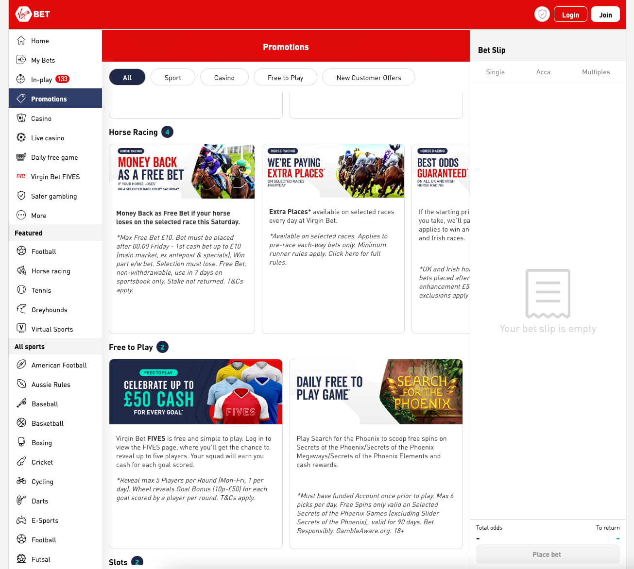 A screenshot of Virgin Bet Horse Racing Betting Site