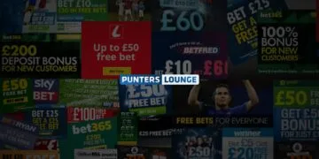 A collage of various promotional banners from betting brands offering free bets and bonuses, including options like 'Bet £10 Get £30,' '£200 Deposit Bonus,' '£50 Free Bet,' and '100% Bonus for New Customers.' The central image prominently features the Punters Lounge logo among these offers, highlighting free bet opportunities from well-known bookmakers.