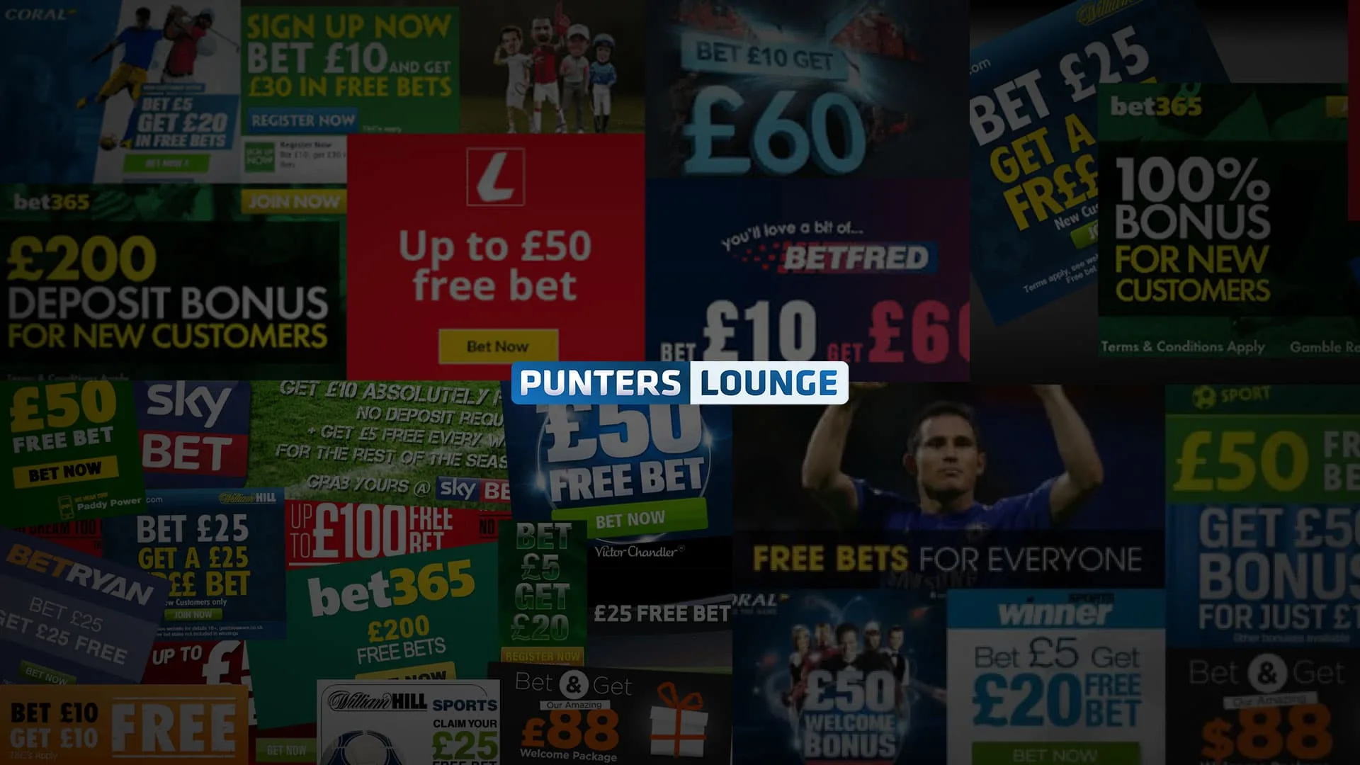 Free-bet-offers-collage A collage of various promotional banners from betting brands offering free bets and bonuses, including options like 'Bet £10 Get £30,' '£200 Deposit Bonus,' '£50 Free Bet,' and '100% Bonus for New Customers.' The central image prominently features the Punters Lounge logo among these offers, highlighting free bet opportunities from well-known bookmakers.