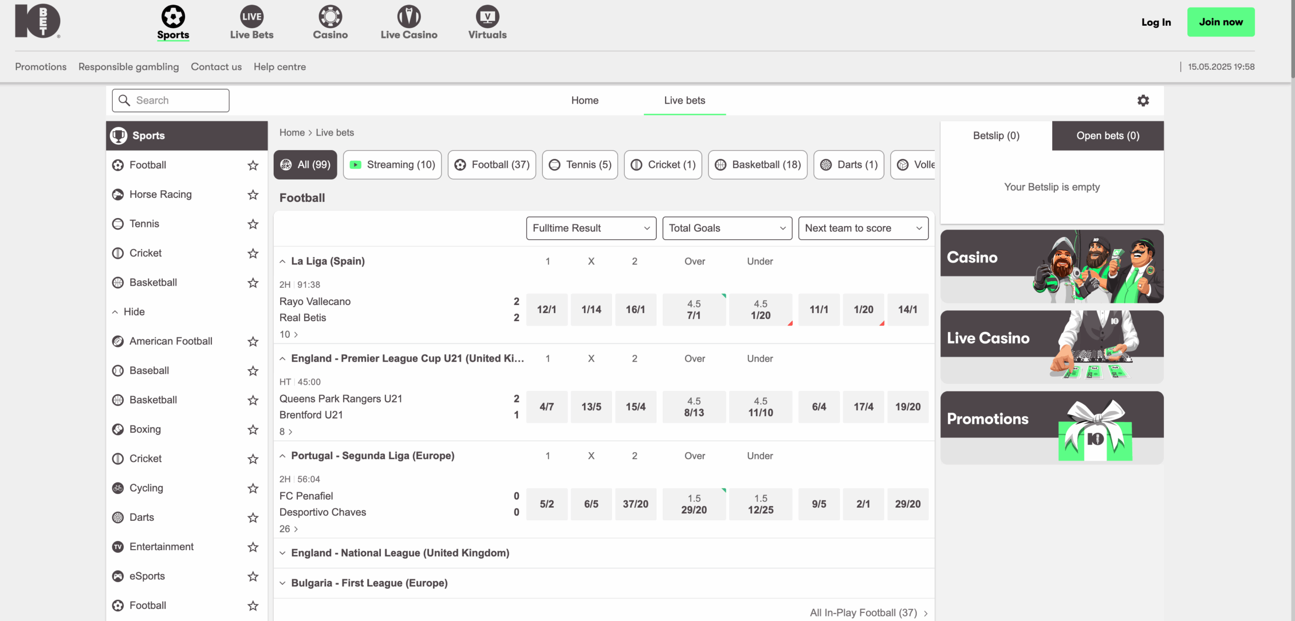 10bet-in-play-betting Screenshot of the 10bet desktop sportsbook showing the in-play betting section. The interface lists live football matches from various leagues including La Liga (Spain), Premier League Cup U21 (UK), and Segunda Liga (Portugal). Each match displays real-time scores and dynamic odds for full-time result, total goals, and next team to score. Users can filter by sports categories like tennis, cricket, basketball, and darts. A navigation sidebar offers quick links to the casino, live casino, and promotions. The betslip is currently empty.