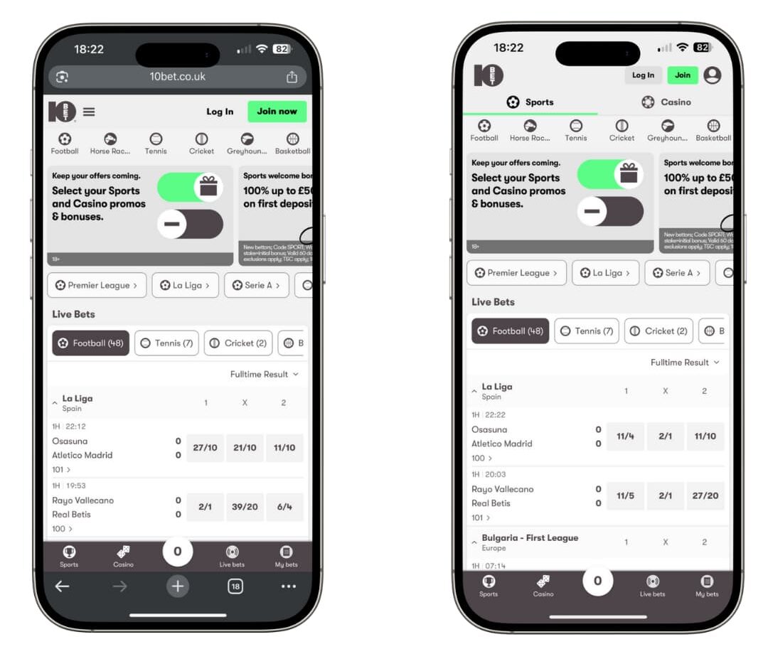 10bet-mobile-site-vs-app Side-by-side comparison of the 10bet mobile site (left) and the 10bet mobile app (right) displayed on two smartphones. Both interfaces show the sports homepage with icons for football, horse racing, tennis, cricket, and more. Promotions for a £50 welcome bonus and sports/casino bonuses are featured at the top. Below, live betting options for La Liga football matches are listed, including odds for Osasuna vs. Atletico Madrid and Rayo Vallecano vs. Real Betis. The layout and navigation bar appear nearly identical across both platforms.
