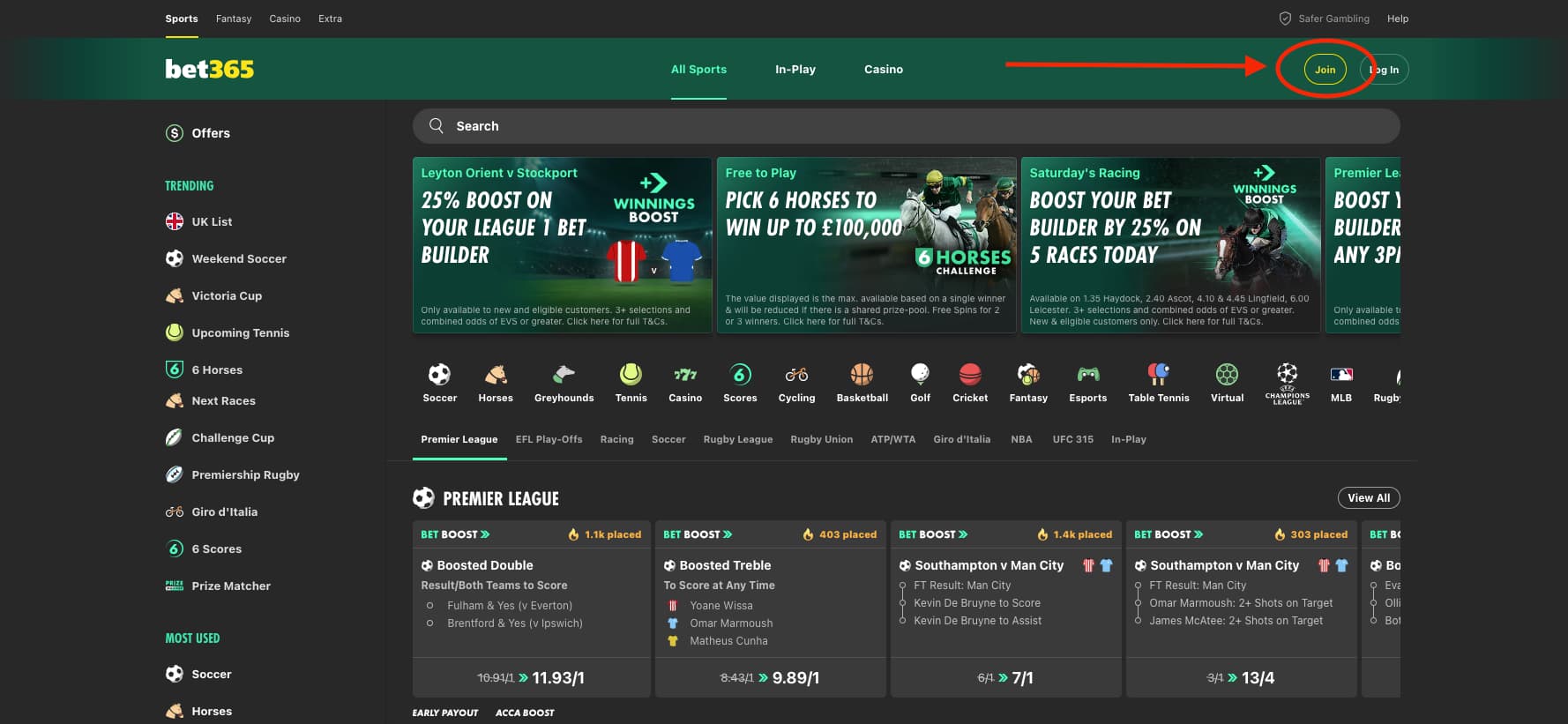 Visit the bet365 website and hit the JOIN button