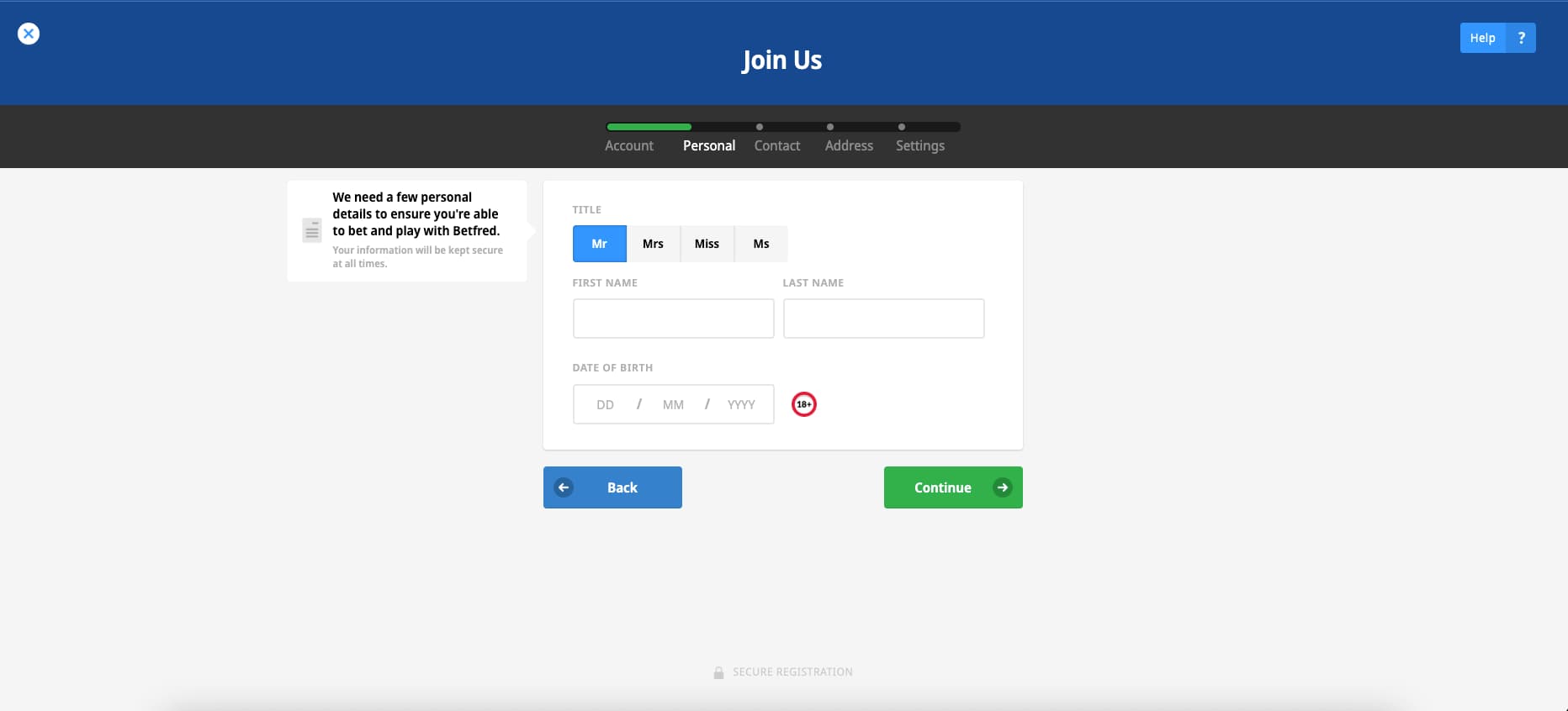 Add your personal details including title, full name, and date of birth.