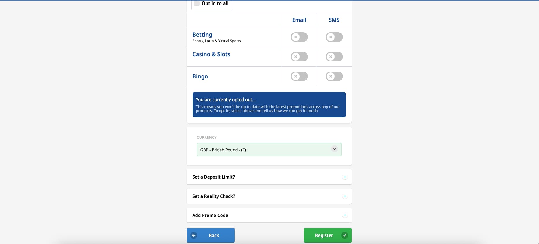 Select your marketing preferences and click 'Register'.
