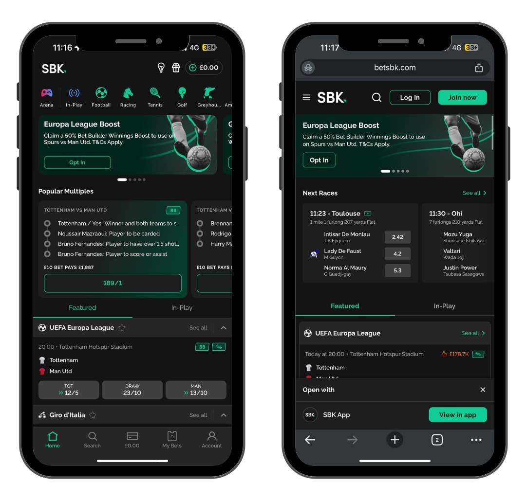 SBK-Mobile-App-and-Mobile-Site Side-by-side comparison of the SBK mobile app and mobile website displayed on two smartphones. The left phone shows the SBK app interface featuring a Europa League Boost promotion, popular multiples, and football match odds. The right phone shows the SBK mobile website with similar content, including horse racing markets and the same Europa League Boost promotion, along with a prompt to open the page in the SBK app.