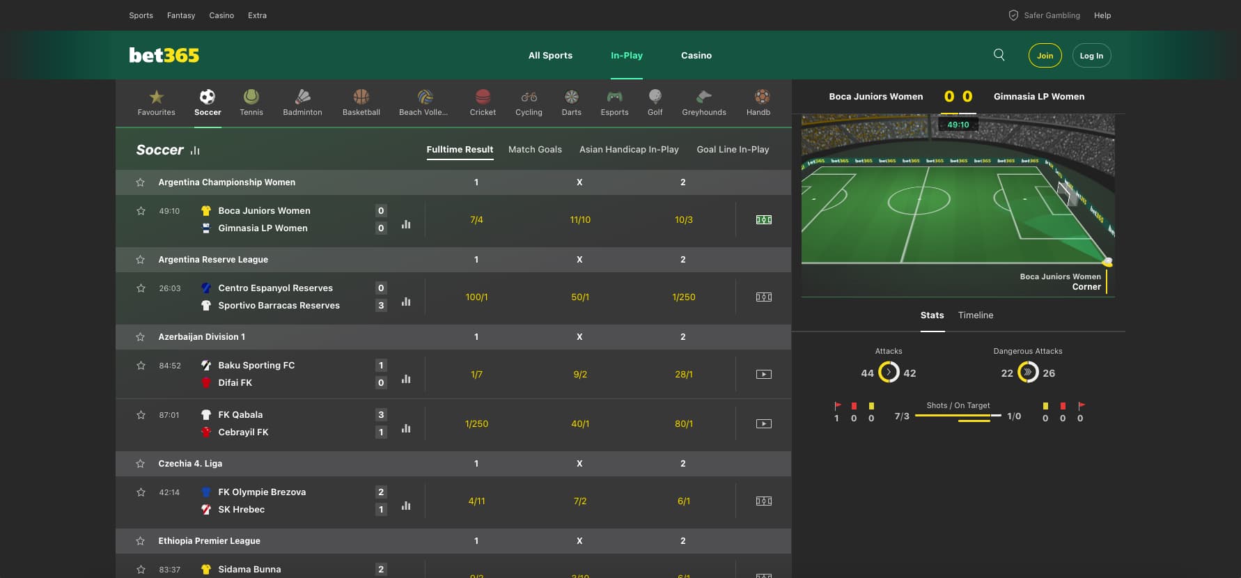 A picture of Bet365 in-play betting screen showing live football matches, odds, and a match tracker. Boca Juniors Women vs Gimnasia LP Women is highlighted with live stats and animated pitch view.