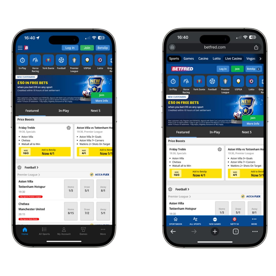 betfred in-play betting Side-by-side view of the Betfred mobile sportsbook on two iPhones, showing the in-play betting interface with price boosts, match odds for Aston Villa vs Tottenham Hotspur, and navigation tabs for In-Play, Next 5, Promotions, and account options.