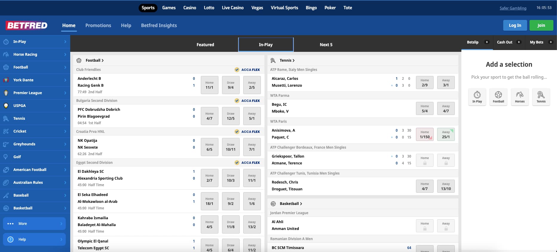betfred in-play betting Betfred in-play betting interface showing live football and tennis matches, with real-time odds, match scores, and ‘Acca Flex’ icons next to select fixtures. Sidebar menu includes sports like horse racing, greyhounds, basketball, and tennis.