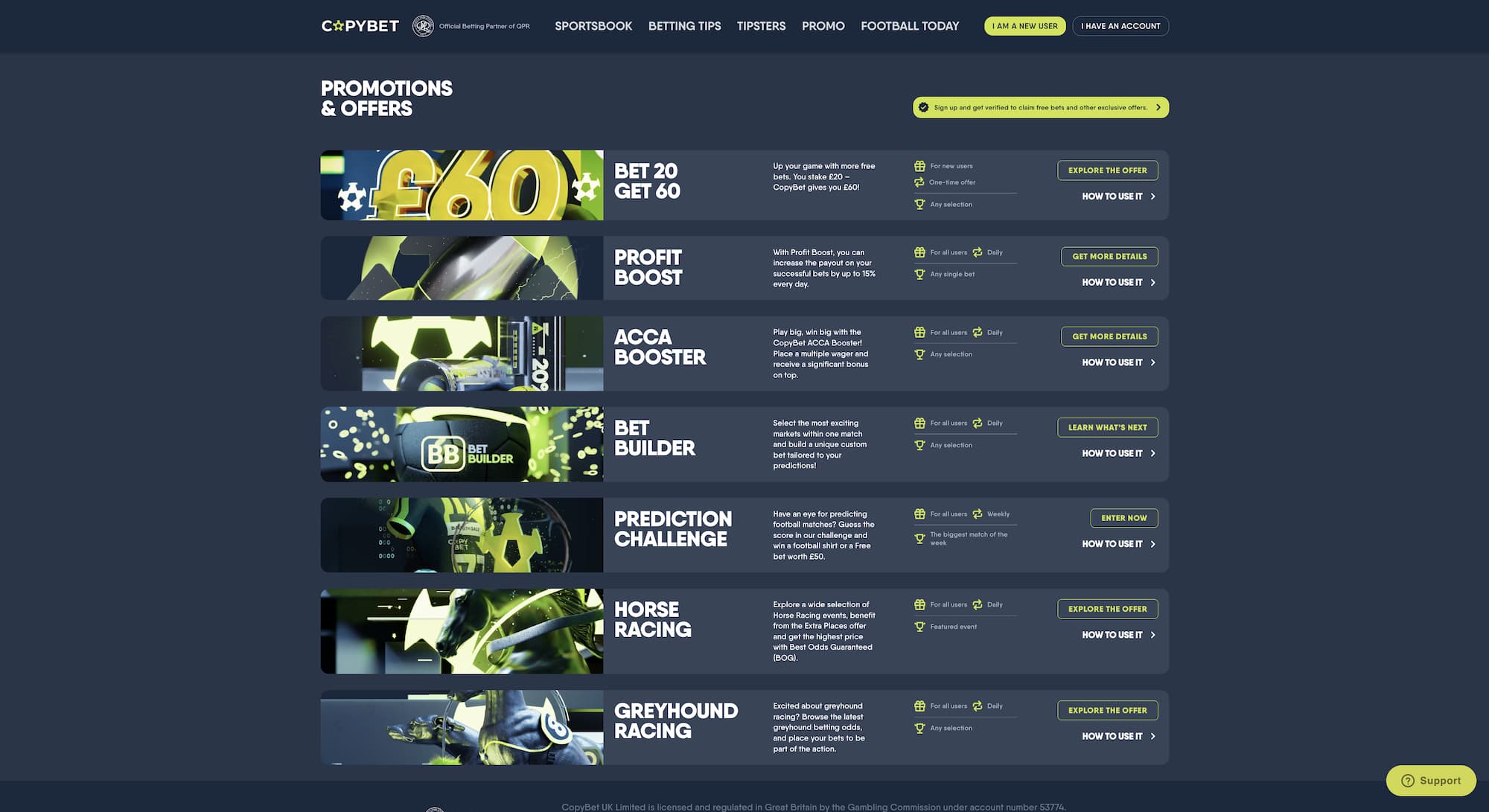 coopybet-offers-and-promotions Screenshot of CopyBet’s “Promotions & Offers” page: at the top a dark header displays the CopyBet logo, navigation links (Sportsbook, Betting Tips, Tipsters, Promo, Football Today) and buttons “I am a new user” and “I have an account.” Below, a call‑out banner invites sign‑up to claim free bets. The main content lists seven offer panels - Bet 20 Get 60; Profit Boost; Acca Booster; Bet Builder; Prediction Challenge; Horse Racing; Greyhound Racing - each with a graphic thumbnail, brief description, eligibility icons, and action buttons (“Explore the offer,” “Get more details,” “Learn what’s next,” or “Enter now”), plus “How to use it” links.