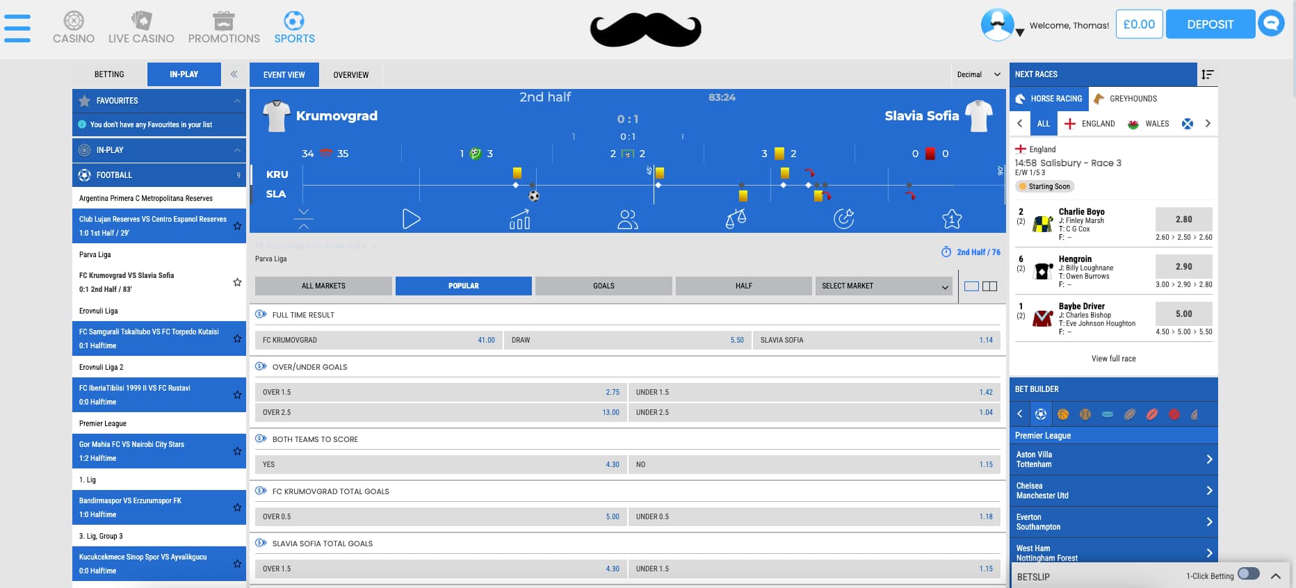 mrplay-in-play-betting Screenshot of the mr.play desktop interface displaying the in-play betting section for a football match between FC Krumovgrad and Slavia Sofia. The match tracker shows events such as goals, cards, and substitutions on a timeline. Betting markets include full-time result, over/under goals, both teams to score, and team-specific totals. A sidebar on the right features upcoming horse races, with odds and runners listed. The interface also includes navigation for casino, live casino, promotions, and sports at the top.