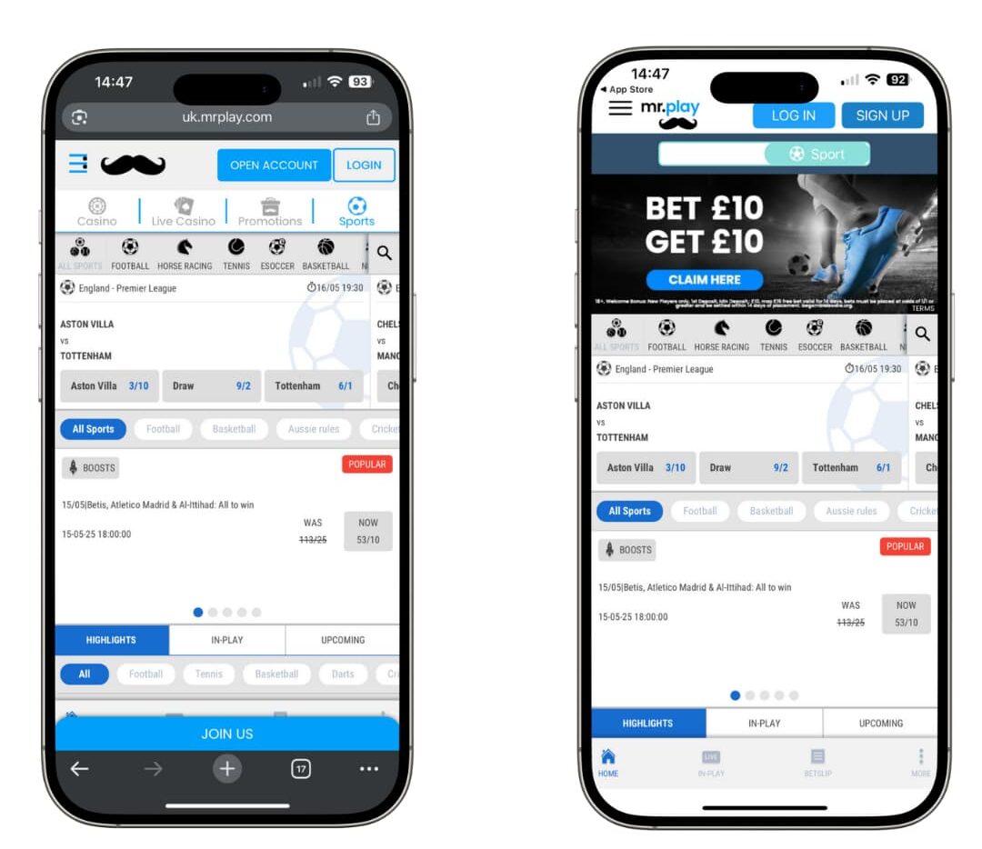 mrplay-mobile-site-vs-mobile-app Side-by-side comparison of the mr.play mobile site (left) and the mr.play mobile app (right) displayed on iPhones. Both screens show a betting market for the Aston Villa vs. Tottenham football match, but the app includes a prominent banner for a “Bet £10 Get £10” promotion.