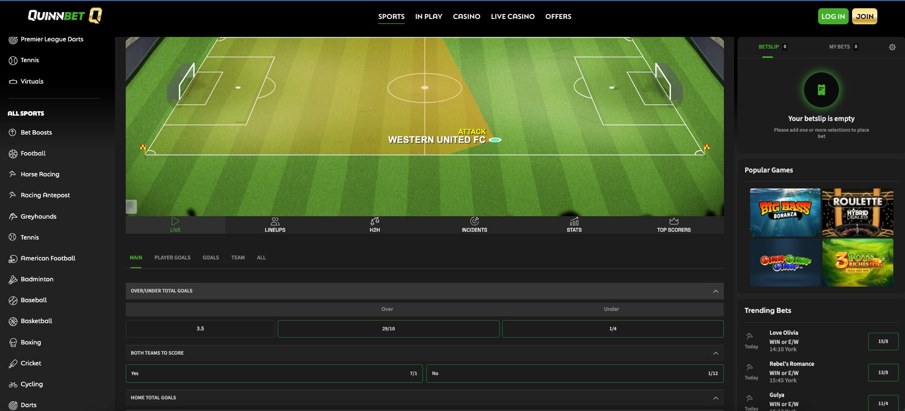 quinnbet-in-play-betting QuinnBet in-play betting screen showing a simulated football match between Western United FC and an opponent, with real-time attack visualization, betting options like total goals and both teams to score, and live stats tabs including lineups, H2H, incidents, and top scorers.