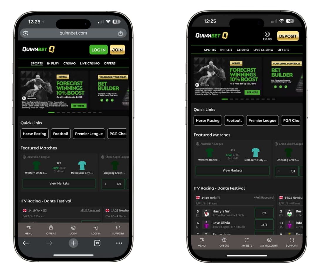 quinnbet-mobile-site-and-app Side-by-side view of the QuinnBet mobile website (left) and mobile app (right) on iPhones, displaying the homepage with featured matches, racing promotions, and navigation menus for sports, in-play betting, casino, and account features.