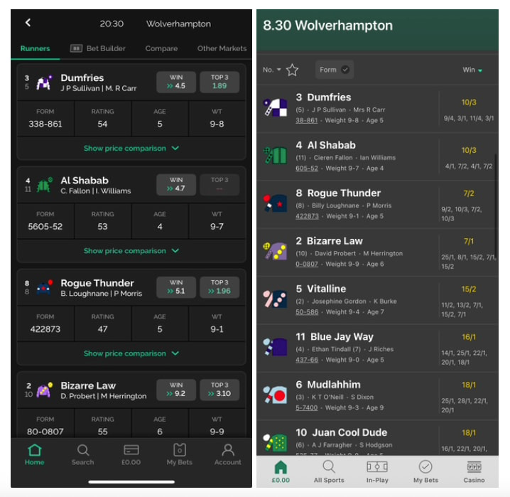 sbk-odds-vs-bet365-odds Side-by-side comparison of horse racing odds for the 8:30 Wolverhampton race on two mobile apps. The left screenshot shows SBK’s interface with odds for Dumfries at 4.5, Al Shabab at 4.7, Rogue Thunder at 5.1, and Bizarre Law at 9.2. The right screenshot shows Bet365’s odds for the same race, with Dumfries, Al Shabab, and Rogue Thunder all priced at 10/3 (4.33), and Bizarre Law at 7/1 (8.0).
