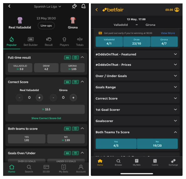 sbk-odds-vs-betfair-odds Side-by-side comparison of betting odds for a Spanish La Liga match (Real Valladolid vs Girona) on two mobile apps. The left screenshot shows SBK's interface with Valladolid at 5.9, Girona at 1.65, and "Both teams to score: No" at 1.99. The right screenshot shows Betfair's interface with Valladolid at 4/1 (5.0), Girona at 4/7 (1.57), and "Both teams to score: No" at 19/20 (1.95).