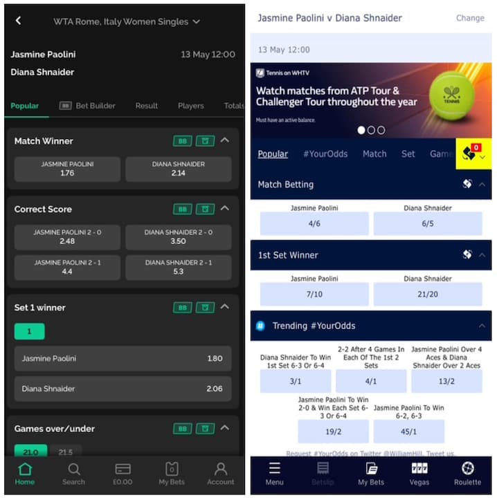 sbk-odds-vs-william-hill-odds Side-by-side comparison of tennis betting odds for the WTA Rome match between Jasmine Paolini and Diana Shnaider on two mobile apps. The left screenshot shows SBK’s interface with Paolini at 1.76 and Shnaider at 2.14, along with correct score and set winner markets. The right screenshot displays William Hill’s odds, pricing Paolini at 4/6 (1.66) and Shnaider at 6/5 (2.2), with additional markets like first set winner and trending #YourOdds specials.
