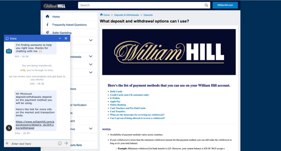 A screenshot of the William Hill website displaying an FAQ page about deposit and withdrawal options, with a live chat window overlaid. The chat shows a conversation with a bot named "Inno" providing information about minimum deposit/withdrawal limits.