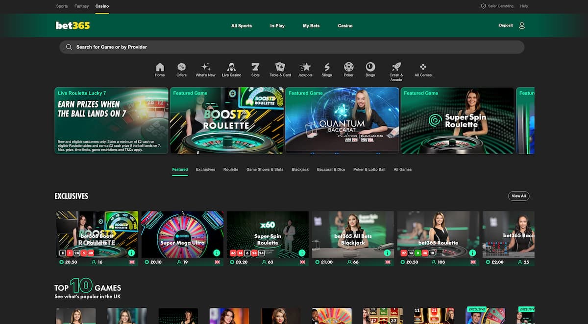Screenshot of the Bet365 desktop casino homepage showing the live casino section with featured games like Boosty Roulette, Quantum Baccarat, and Super Spin Roulette, along with exclusive titles and top 10 games.