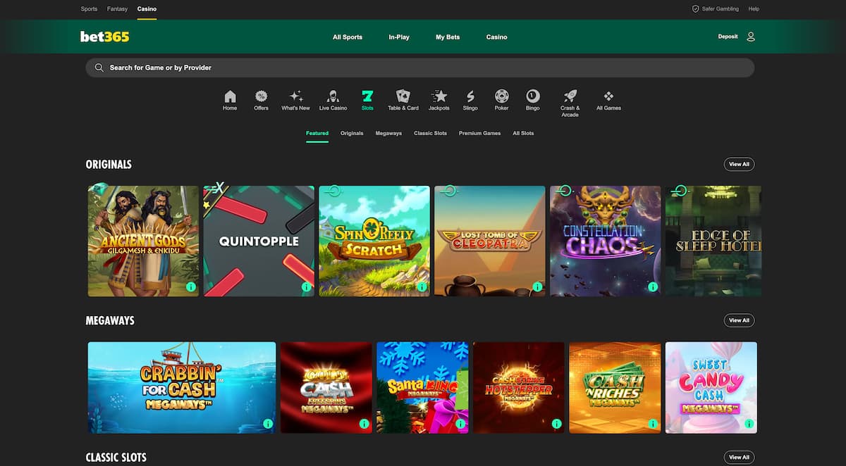 bet365 casino review of slots: Screenshot of the Bet365 desktop slots section displaying categories like Originals and Megaways, with games such as Ancient Gods, Quintopple, and Crabb’in for Cash.