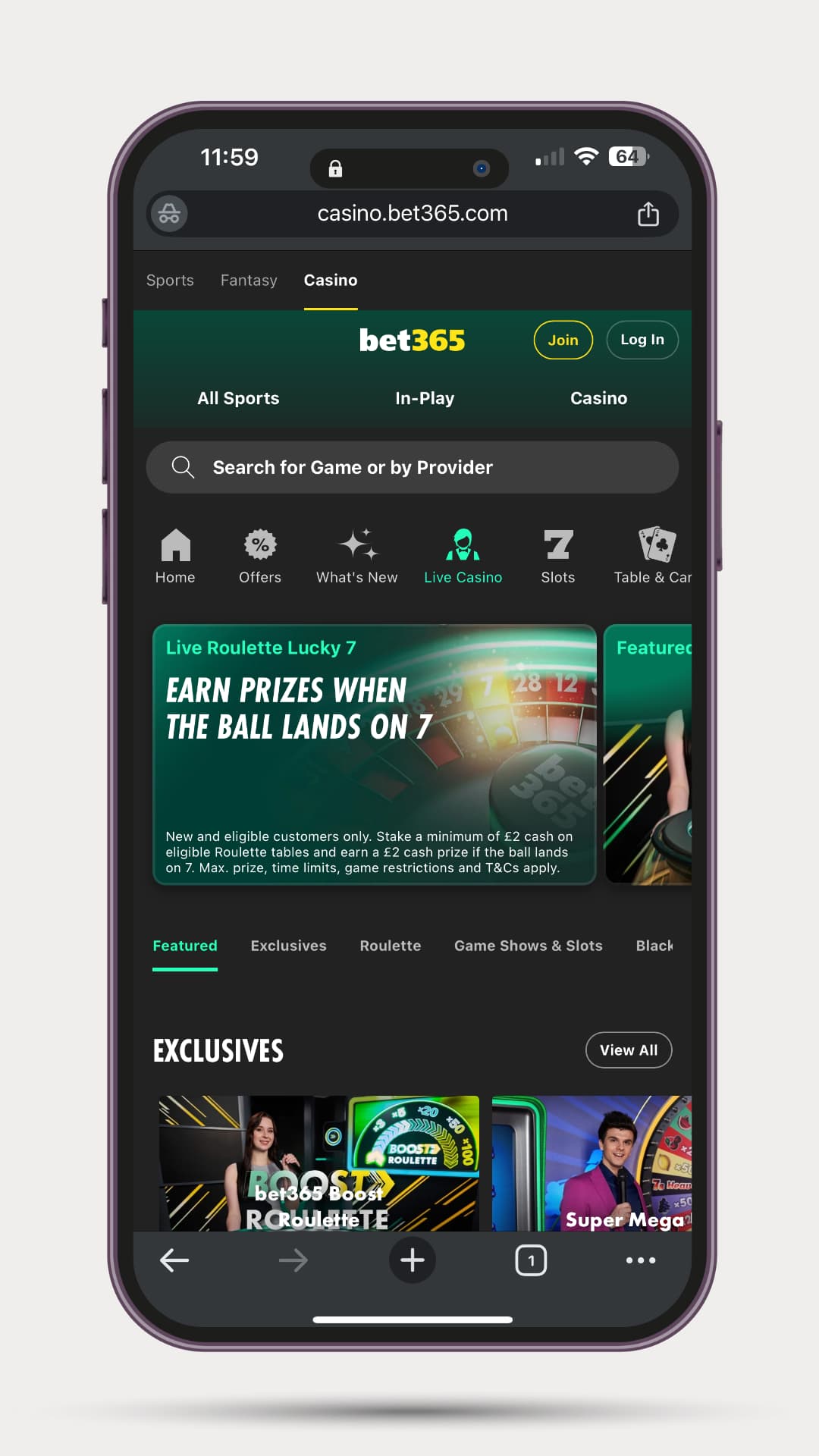 Mobile screenshot of Bet365's live casino homepage featuring the "Live Roulette Lucky 7" promotion, navigation tabs, and a preview of exclusive roulette games.