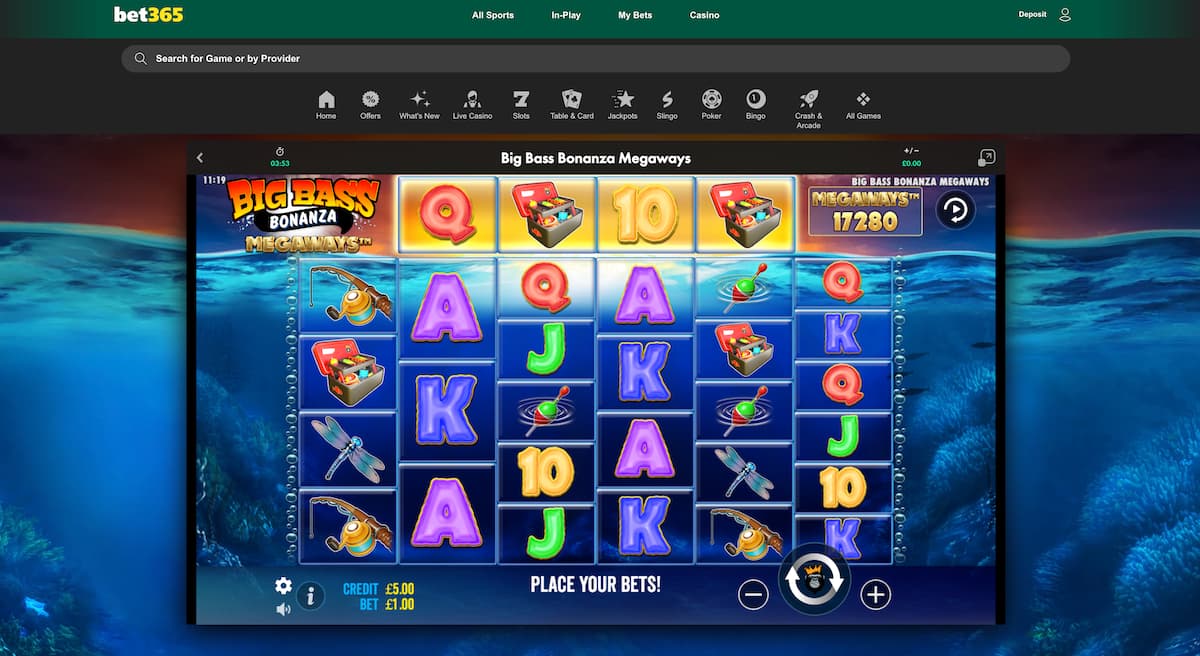 bet365-megaways-slots-site Screenshot of the “Big Bass Bonanza Megaways” slot game on the Bet365 platform. The underwater-themed reels feature fishing gear, fish, and letter symbols, with dynamic Megaways reel layout and a £1.00 bet selected.