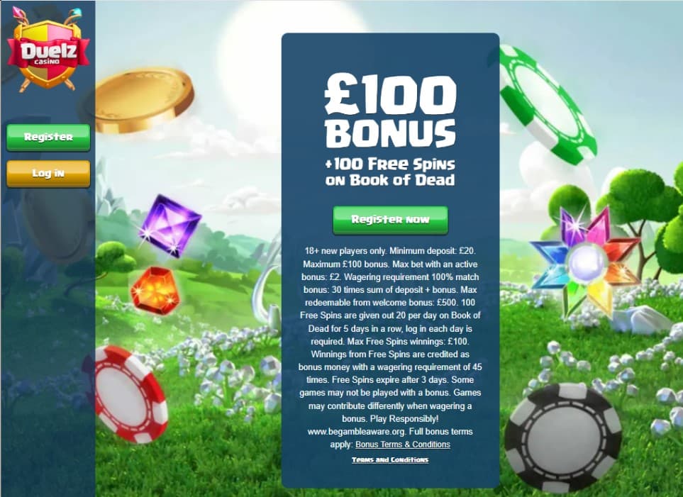 duelz_SIGNUP_step_1 Duelz Casino welcome screen showing a £100 bonus offer plus 100 free spins on Book of Dead. Buttons for "Register" and "Log in" are on the left.