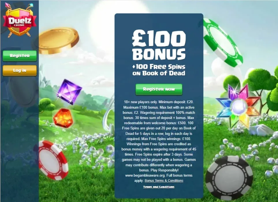 duelz_SIGNUP_step_1 Duelz Casino welcome screen showing a £100 bonus offer plus 100 free spins on Book of Dead. Buttons for "Register" and "Log in" are on the left.