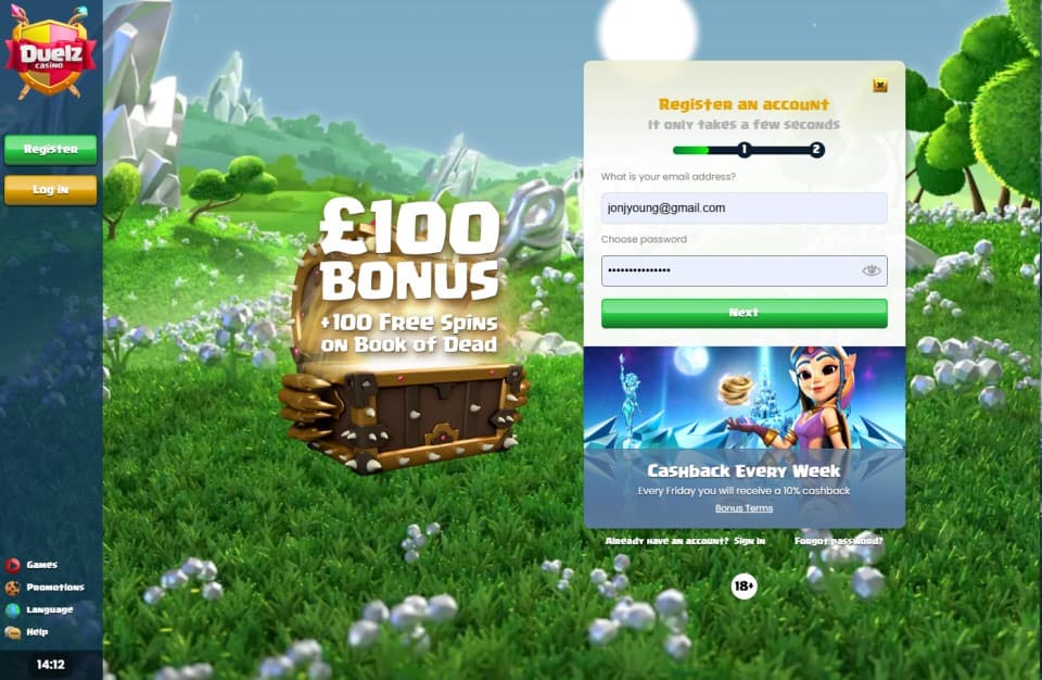duelz_SIGNUP_step_2 Duelz Casino registration step asking for email and password with a "Next" button. Background shows the £100 bonus offer and a "Cashback Every Week" promotion.