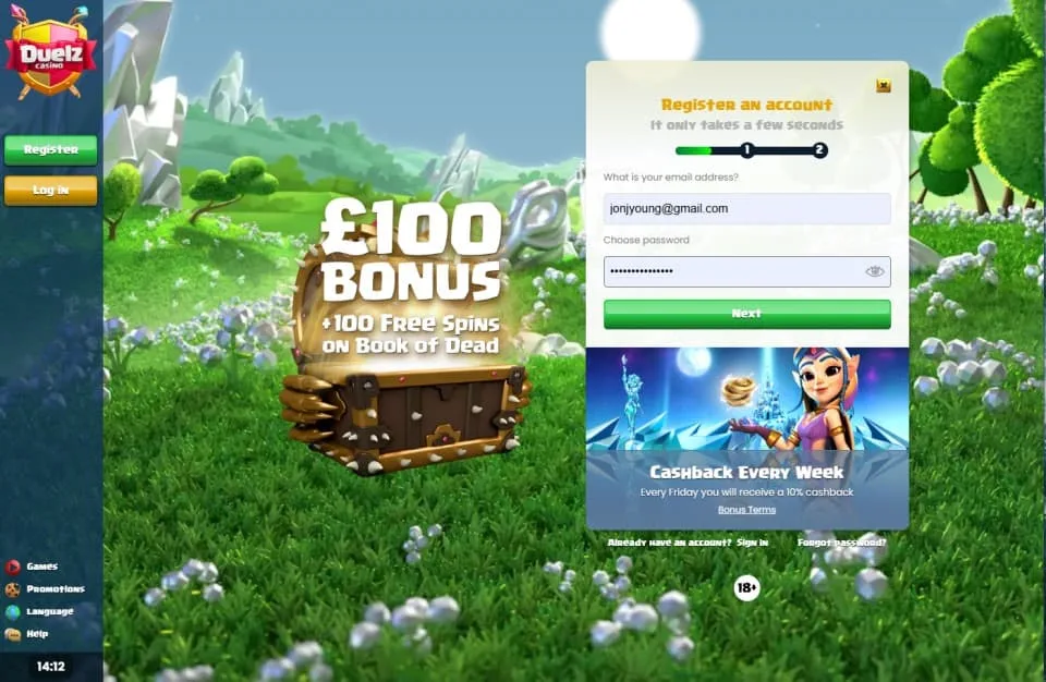 duelz_SIGNUP_step_2 Duelz Casino registration step asking for email and password with a "Next" button. Background shows the £100 bonus offer and a "Cashback Every Week" promotion.