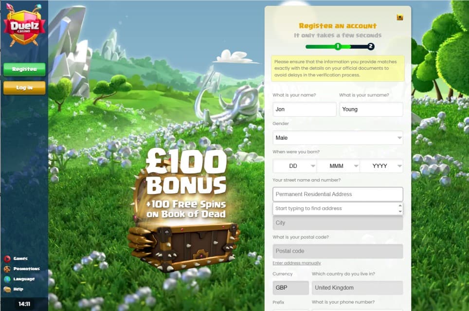 duelz_SIGNUP_step_3 Duelz Casino registration step asking for personal details including name, gender, birthdate, address, postal code, currency, and phone number. The background features the £100 bonus offer.
