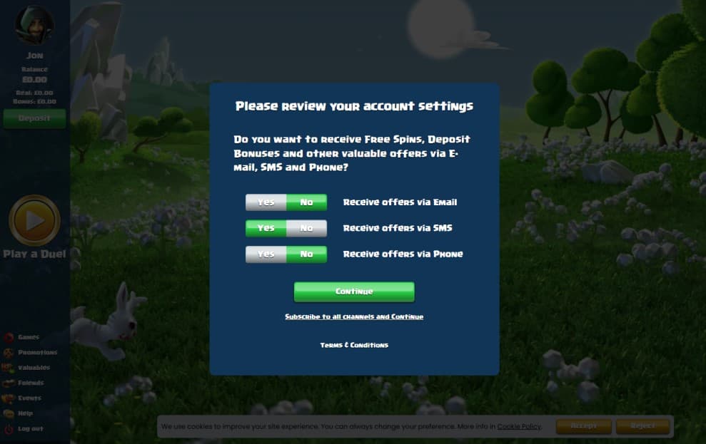 duelz_SIGNUP_step_4 Duelz Casino account settings screen asking if the user wants to receive marketing offers via email, SMS, and phone with toggle buttons for Yes/No and a "Continue" button.