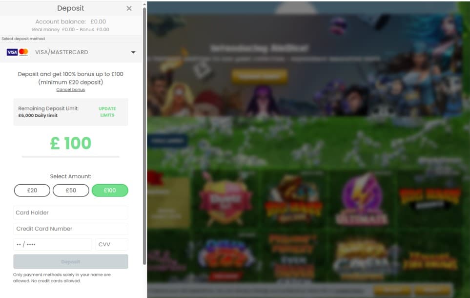 duelz_SIGNUP_step_5 Duelz Casino deposit screen showing payment method selection (Visa/Mastercard), deposit amounts (£20, £50, £100), fields for cardholder name, credit card number, and CVV, with a "Deposit" button. The £100 bonus offer is noted above.