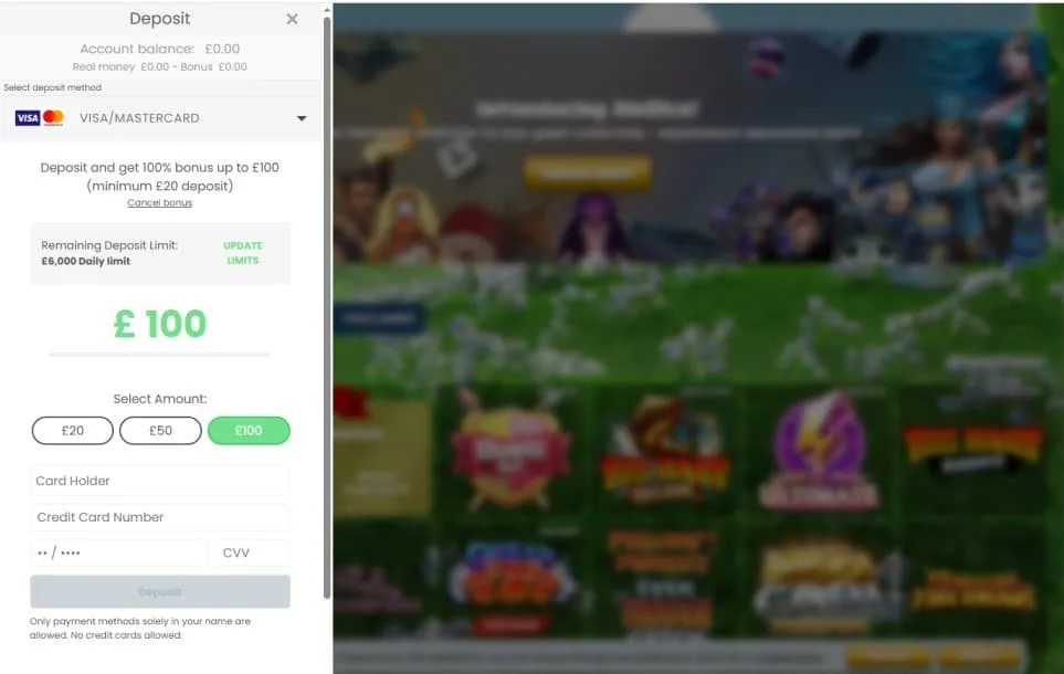 duelz_SIGNUP_step_5 Duelz Casino deposit screen showing payment method selection (Visa/Mastercard), deposit amounts (£20, £50, £100), fields for cardholder name, credit card number, and CVV, with a "Deposit" button. The £100 bonus offer is noted above.