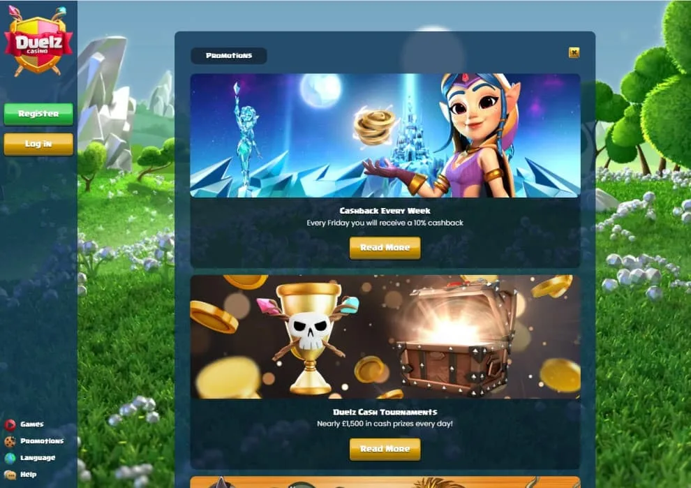 duelz_casino_promotions Duelz Casino promotions page highlighting "Cashback Every Week" offering 10% cashback every Friday and "Duelz Cash Tournaments" with nearly £1,500 in daily cash prizes. Buttons to read more about each promotion are visible. Registration and login buttons are on the left.