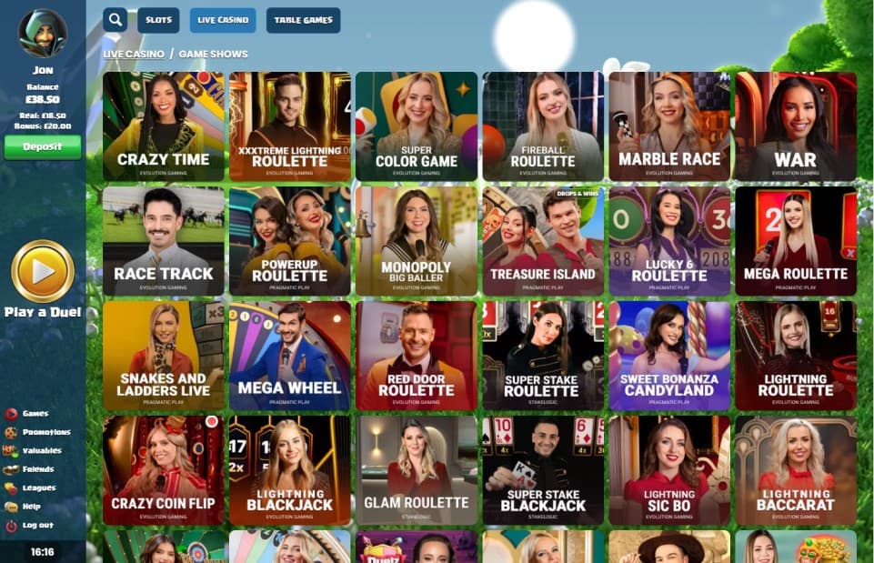 duelz_live_casino (1) Online casino live casino game selection screen featuring various game shows like "Crazy Time," "XXXTreme Lightning Roulette," "Super Color Game," "Fireball Roulette," "Marble Race," and "War." User "Jon" is logged in with a £38.50 balance and a green "Deposit" button. Sidebar includes navigation options and a large gold "Play a Duel" button.
