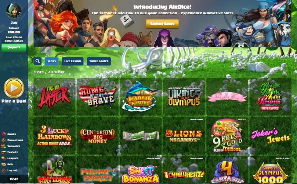 duelz_slots (1) Online casino interface showing a new game banner for "AirDice" and a grid of slot games like "Fire in the Laser," "Viking Olympus," and "9 Pots of Gold." User "Jon" is logged in with a £40 balance and a green "Deposit" button. Sidebar includes navigation options and a large gold "Play a Duel" button.