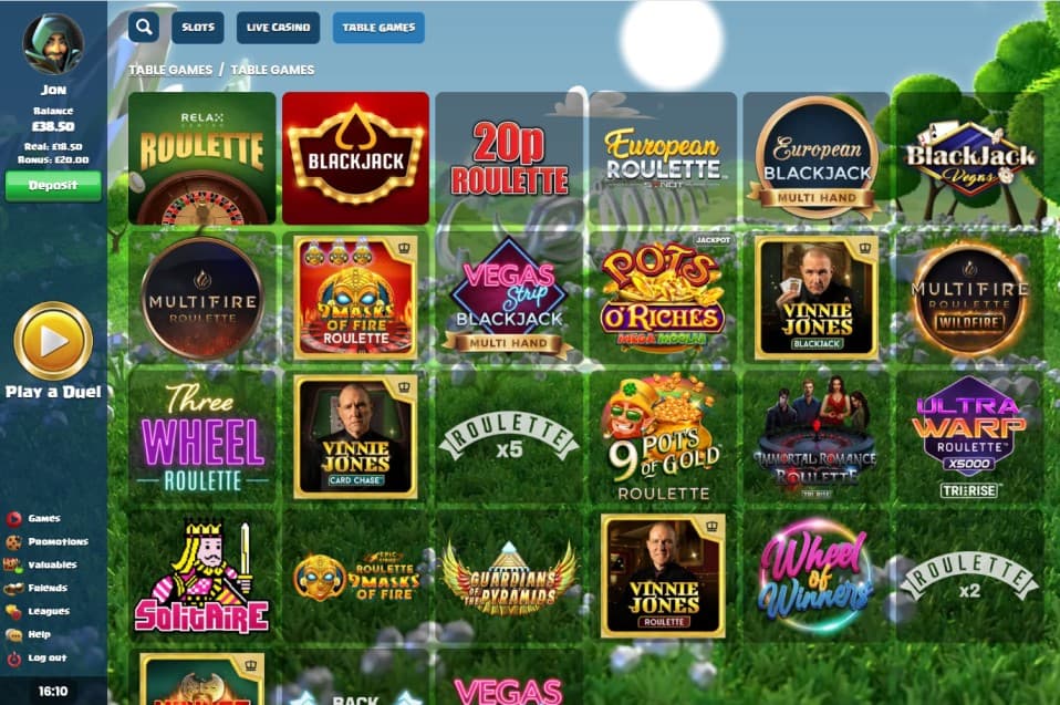 duelz_table_games (1) Online casino table games screen showing various game options like "Relax Roulette," "Blackjack," "20p Roulette," "European Roulette," and "Vinnie Jones Blackjack." User "Jon" is logged in with a £38.50 balance and a green "Deposit" button. Sidebar has navigation options and a large gold "Play a Duel" button.