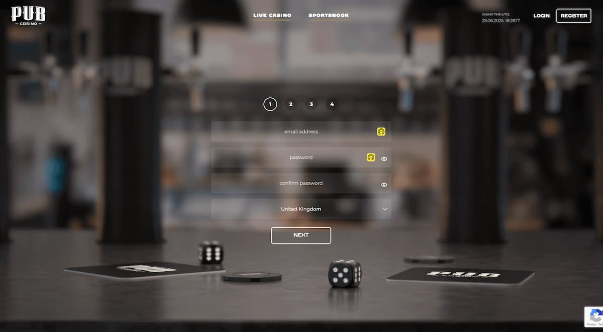 how-to-sign-up-pub-casino-step-1 Pub Casino desktop sign-up page with fields for email address, password, confirm password, and country selection. A progress indicator shows step 1 of 4, and the “Next” button is at the bottom.