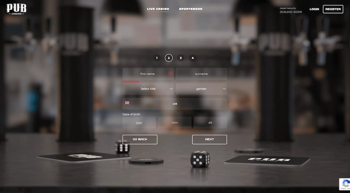how-to-sign-up-pub-casino-step-2 Step 2 of the Pub Casino desktop registration form with inputs for first name, surname, title, gender, mobile number, and date of birth. Buttons to go back or proceed to the next step are shown below the form.