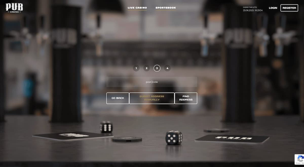 how-to-sign-up-pub-casino-step-3 Step 3 of the Pub Casino desktop sign-up process, prompting the user to enter their postcode with options to find address or submit it manually. “Go Back” and “Next” buttons appear below the input.