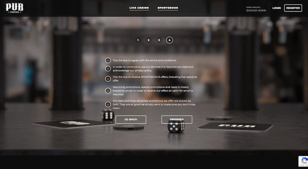 how-to-sign-up-pub-casino-step-4 Final registration step on desktop at Pub Casino. Users are shown checkboxes to agree to terms and conditions, acknowledge privacy policy, and opt into promotional offers via email and SMS. "Go Back" and "Register" buttons are shown at the bottom.